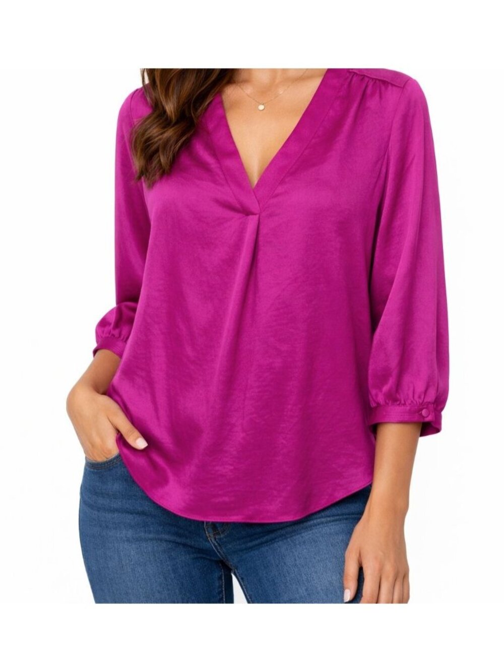 Vince Camuto Vibrant Magenta Satin V-Neck Blouse Medium 3/4 Sleeve Dressy Chic
